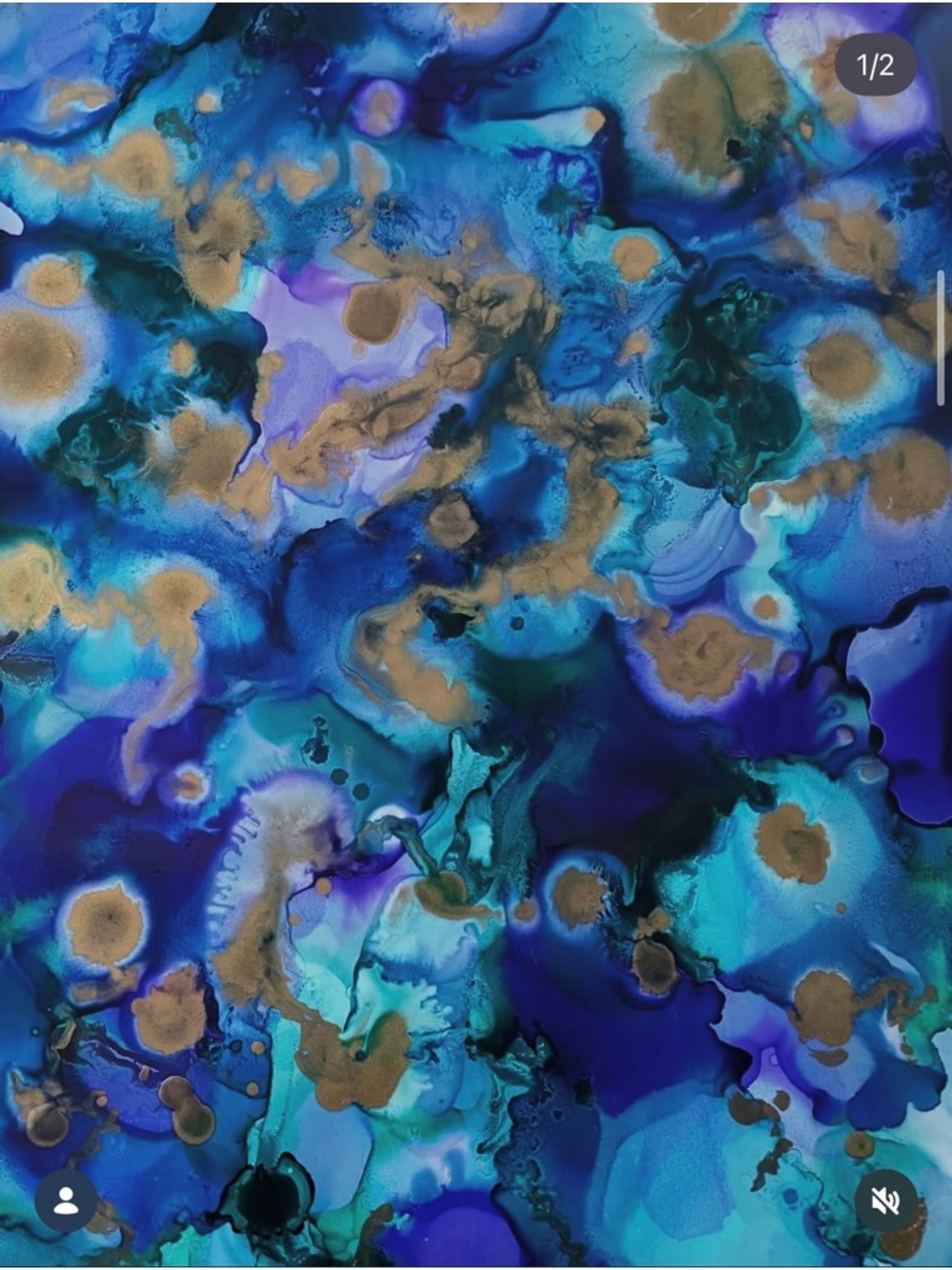 Original Abstract Blue & Gold Alcohol Ink Painting Wall Art